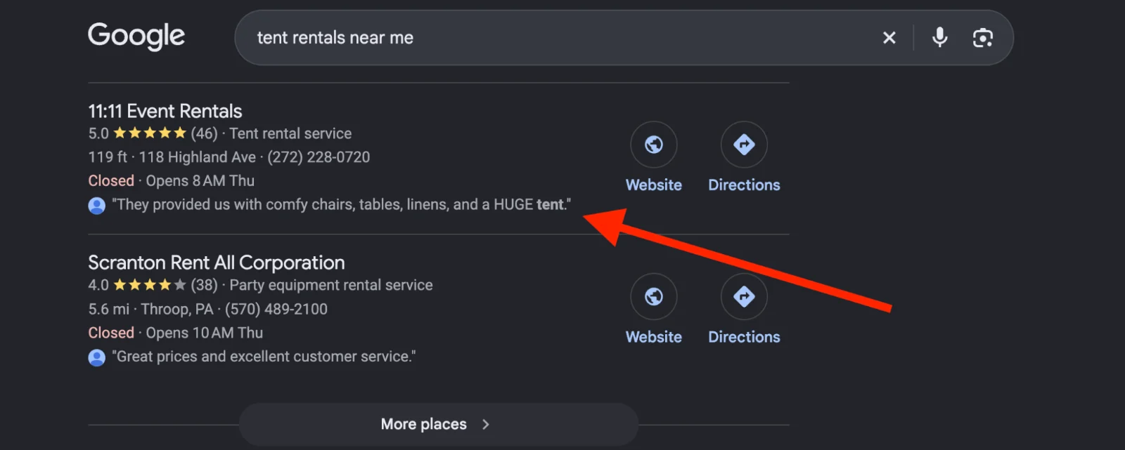Google local search results for tent rentals near me with a customer review snippet highlighted